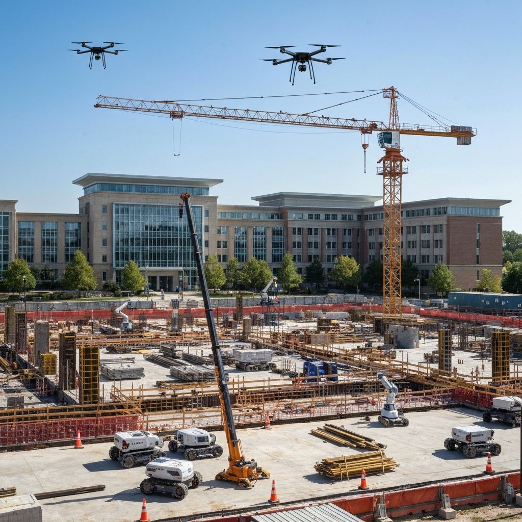 Modern construction site with AI robots and drones working on college campus building