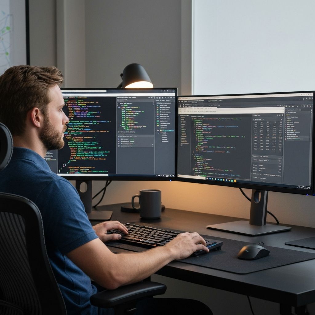 Modern developer workspace with multiple monitors showing Visual Studio and .NET code